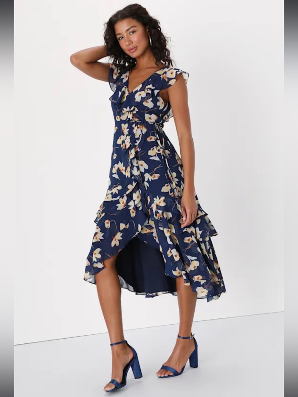 Lulus Elegant Darling Navy Blue Floral Print Tiered Midi Wrap Dress - Small